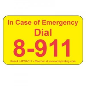 Emergency 8-911 Phone Stickers, Laminated Stickers on Yellow Gloss with Red Ink. Permanent and Self-adhesive labels. Label Size: 2"(w) x 1 1/4"(h)
