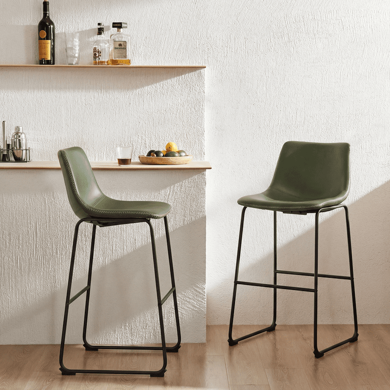 Gianna Counter Height Bar Stools Set of 2, Modern Faux Leather High Barstools with Back and Metal Leg, Bar Chairs for Kitchen Island, Green