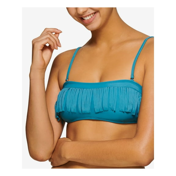 HULA HONEY Women's Blue Stretch Fringe Removable Cups Adjustable Tie Bandeau Swimsuit Top DDD