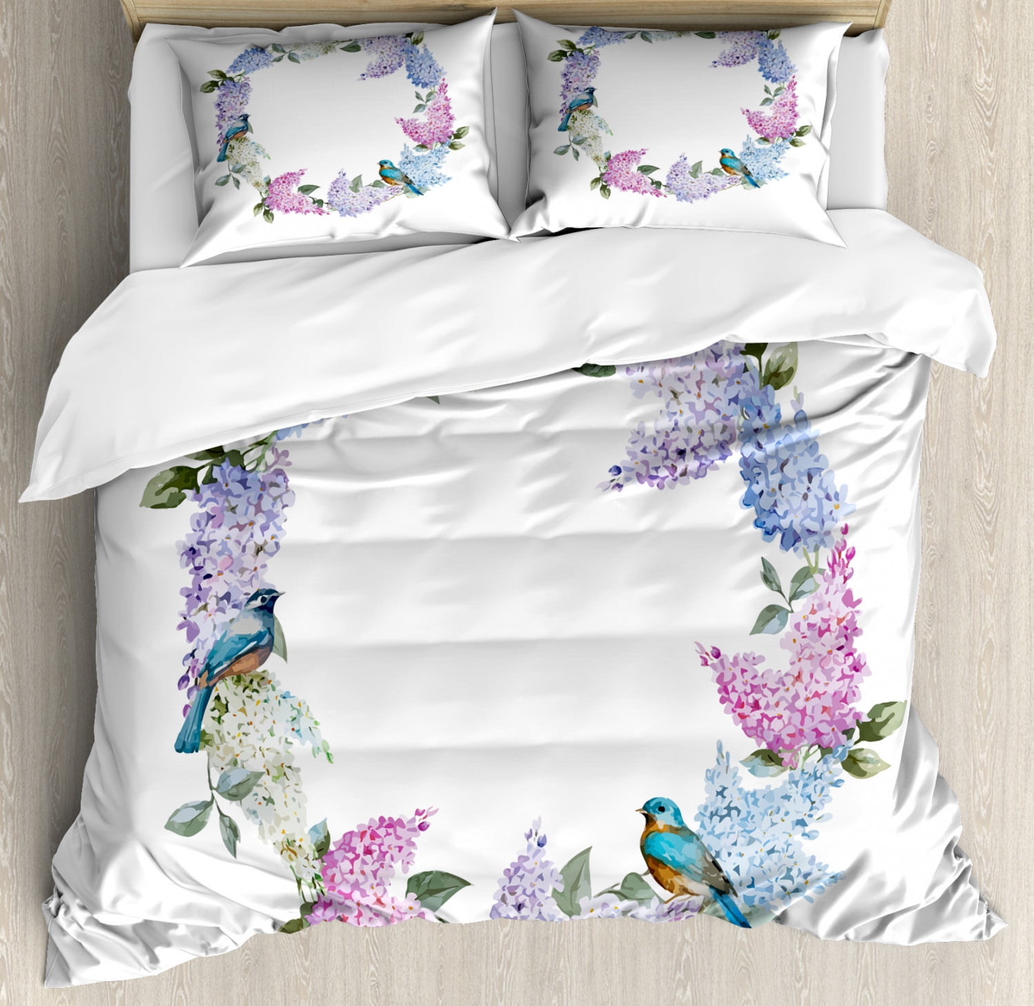 Lilac King Size Duvet Cover Set, Flower Wreath with Fresh Blooms and