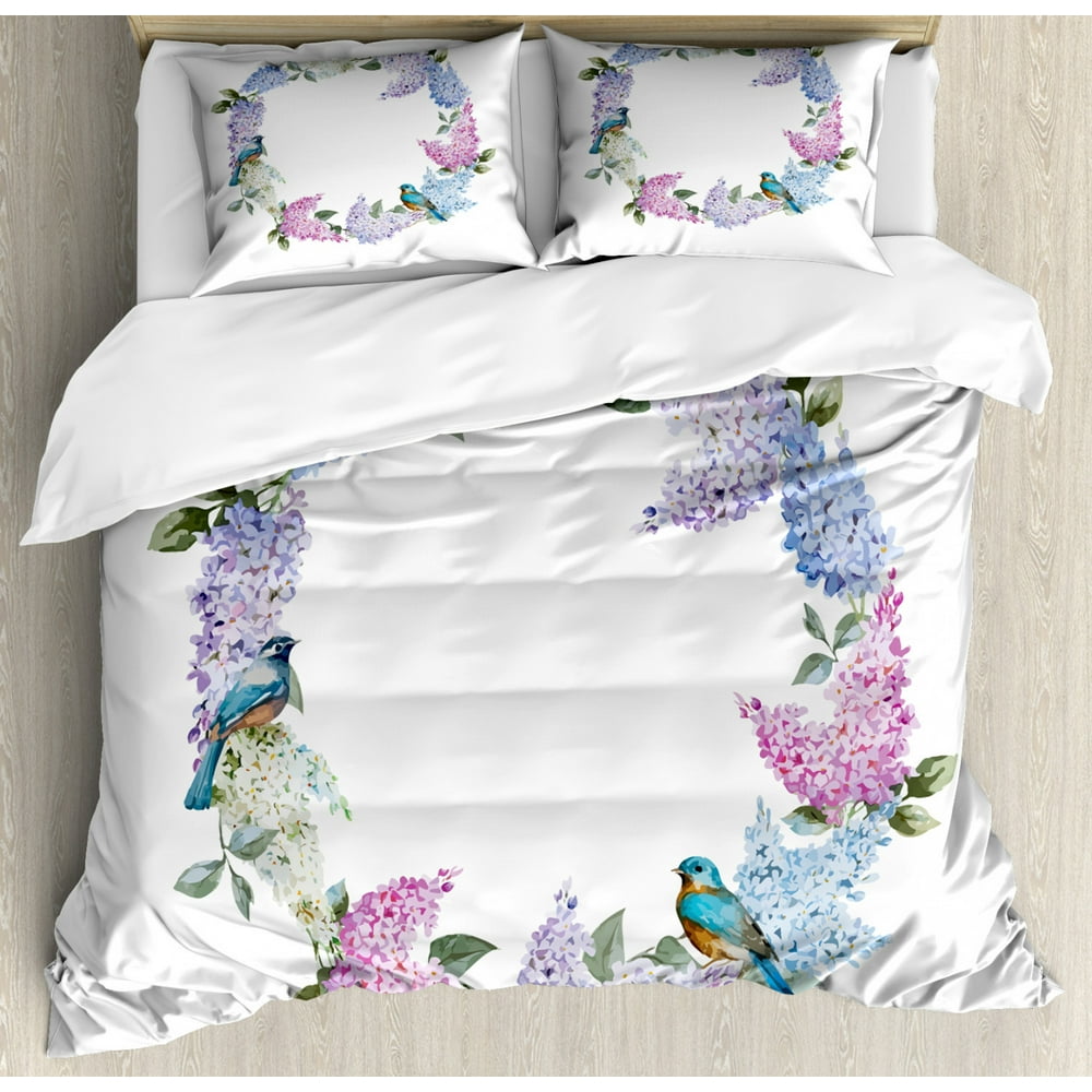 Lilac King Size Duvet Cover Set, Flower Wreath with Fresh Blooms and