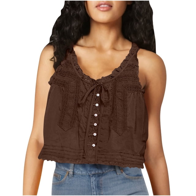 Timegard Tank Top for Women Lace U Neck Drawstring Sleeveless Ruched Button Summer Fashion Casual Tee