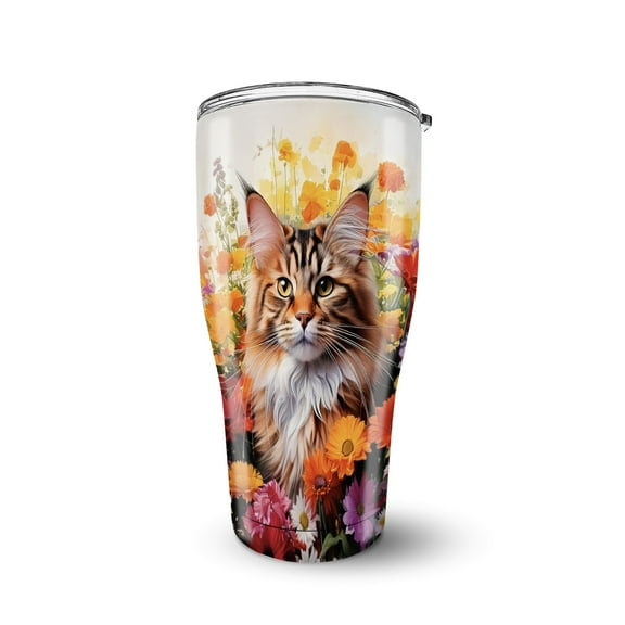 Welcome Spring Summer Maine Coon Portrait Flower Blue Sky 30oz Stainless Steel Tumbler Insulated Cup with Lid Cat Lover Kitten Owner Gifts - 12001