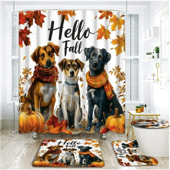 4 Piece Funny Dog Shower Curtain Set with Rugs, Toilet Lid Cover ,Happy Fall Orange Maple Leaf Pumpkins Farmhouse Animal Autumn Thanksgiving Day Watercolor Country Bathroom Shower Curtain with Hooks