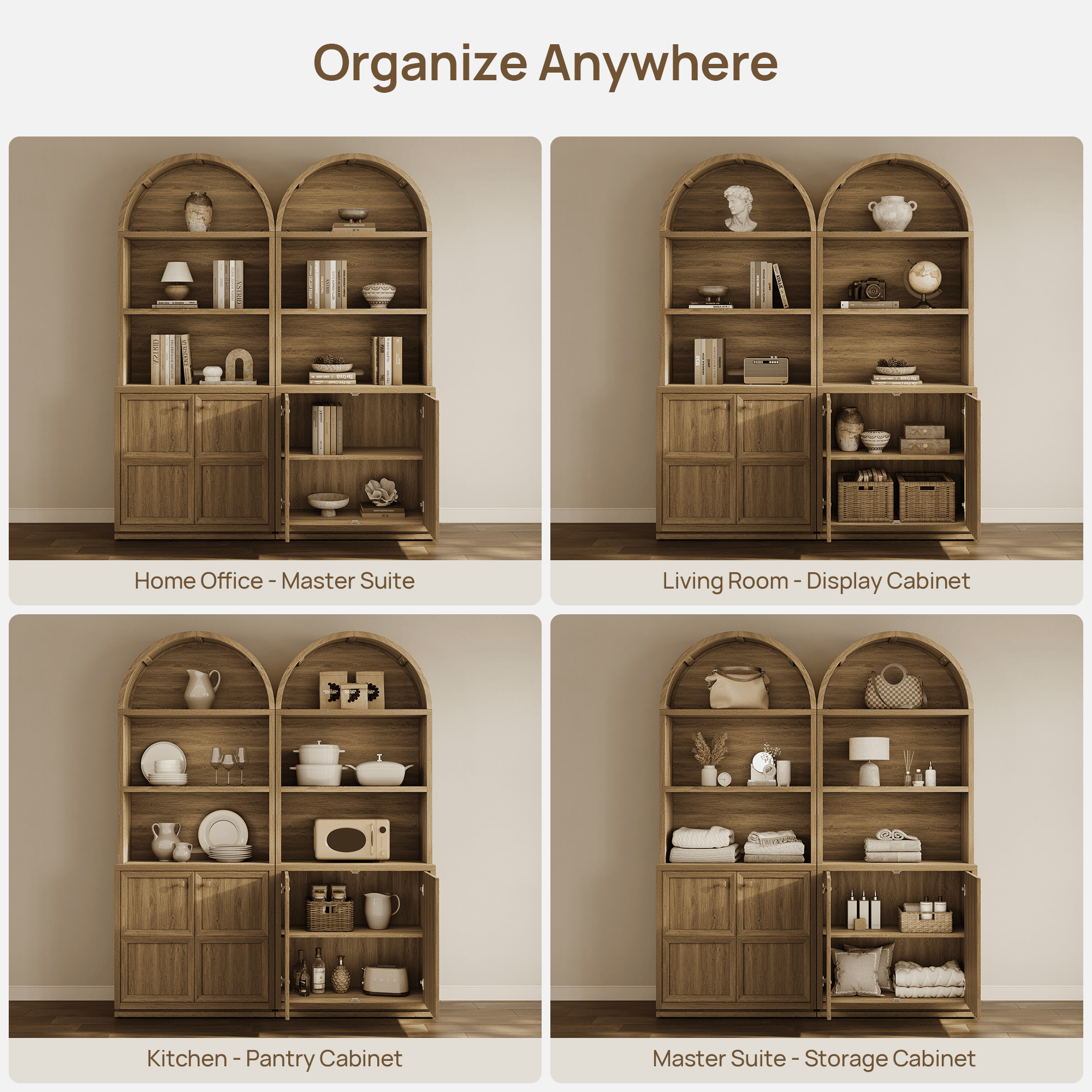 SICOTAS 81" Tall Arched Kitchen Pantry Storage Cabinet with Doors & Adjustable Shelves, Oversized 5-Tier Farmhouse Cupboard with Cable Management for Dining Room, Living Room, Brown Oak
