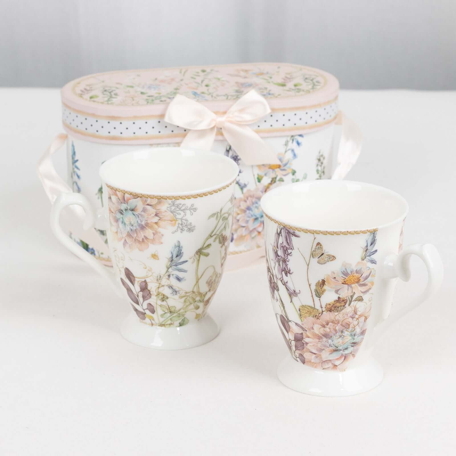 Efavormart 2 Pack Blush Floral Design Porcelain Coffee Mugs With Gift Box and Satin Ribbon Handle, Bridal Shower Gift Set