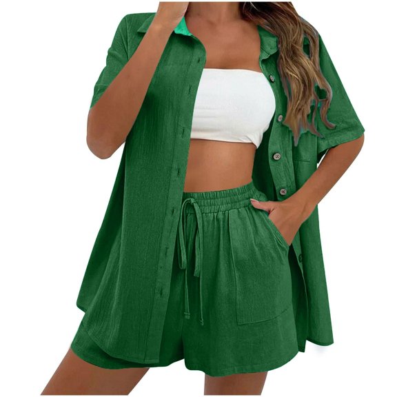 Kezqiaxn Matching Set Summer Fashion Short Sleeve Button Up Shirts and Drawstring Shorts with Pockets Womens Outfits