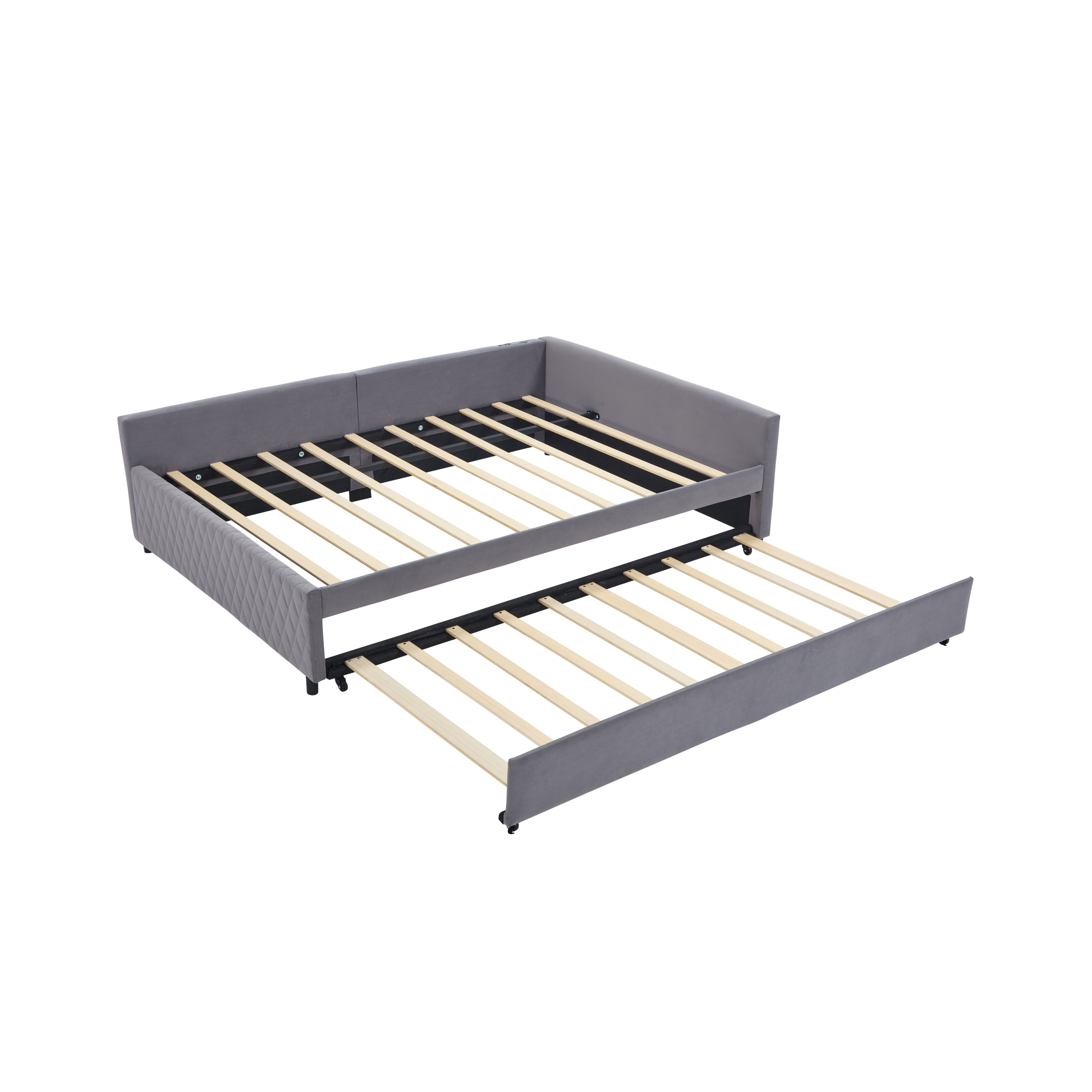 Leumius Upholstered Daybed with Trundle,Sturdy Wooden Bed Frame, Modern Diamond Grid Design for Bedroom Guest Room (Grey)