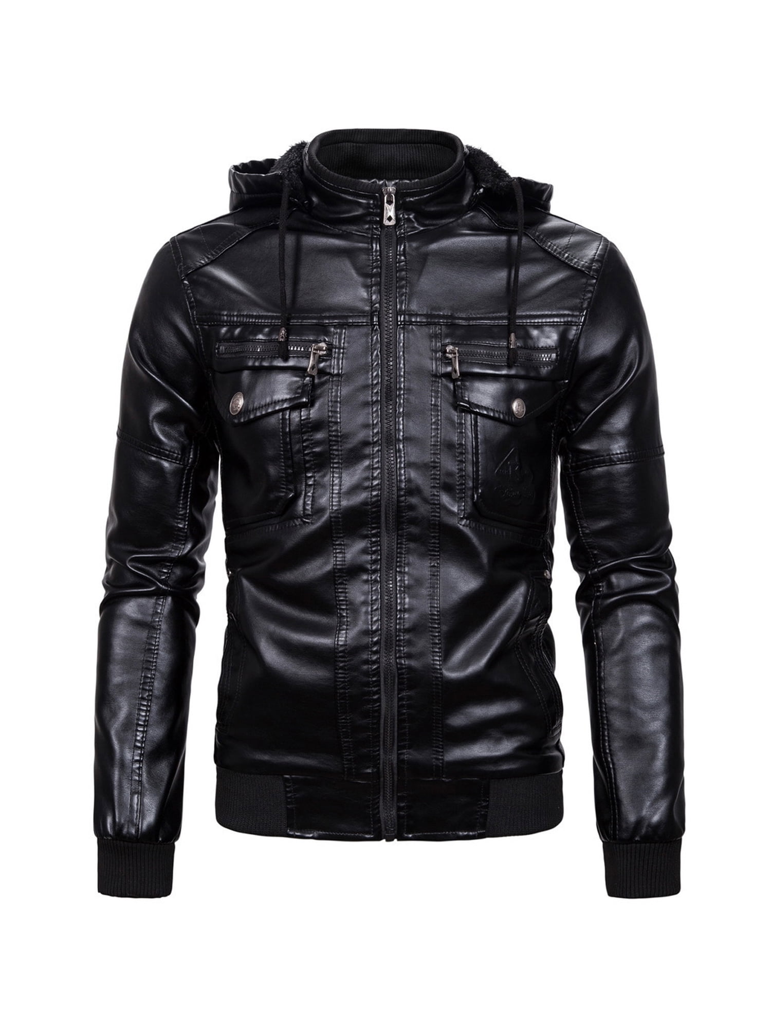Kiapeise Men Faux Leather Jacket Hood Biker Windbreaker Coat Moto Jake