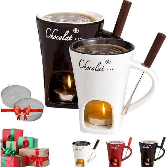 Chocolate Fondue Mug Set, Handmade Ceramic Melting Pot with Candle Warmer & Forks, for Melting Chocolate, Cheese, Candy - Ideal Gift for Birthday, Valentine's Day