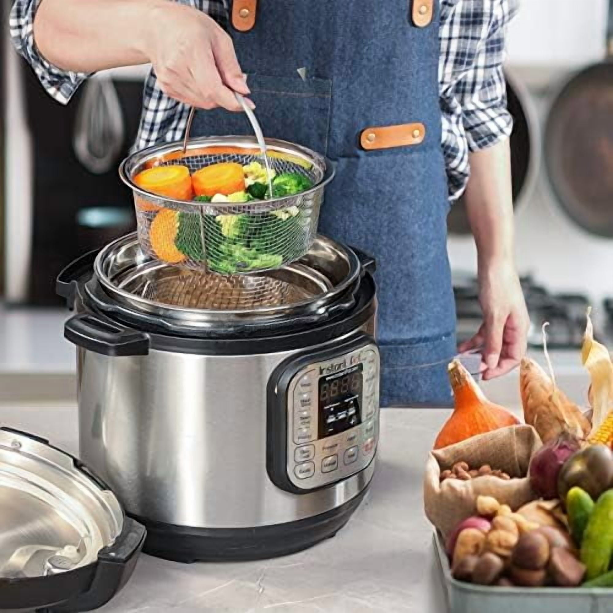 Steamer Basket for Instant Pot Accessories 6 qt or 8 quart - 2 Tier Stackable 18/8 Stainless Steel Mesh - Silicone Handle - Vegetable Steamer Insert, Egg Basket, Pasta Strainer,Silver