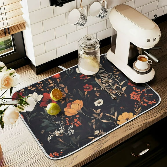 Yayeee Dish Drying Mat for Kitchen Counter 16" x 18" Microfiber Super Absorbent Coffee Decorative Pad, Black Floral Pattern