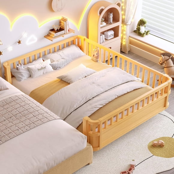 Bellemave Lit Montessori Format Grand avec Clôture et Lattes, Cadre de Lit Plateforme Bas Format Grand avec Rails de Lit Latéraux Amovibles et Design à Coins Arrondis, Lit Montessori Naturel Facile à Assembler
