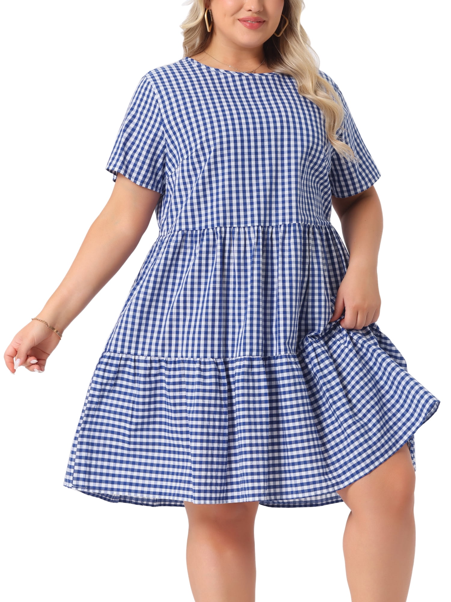 DARING DIVA Women's Plus Size Plaid Round Neck Short Sleeve Midi Dress 1X Dark Blue