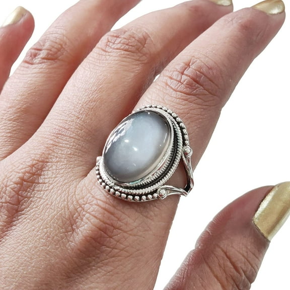 Natural Gray Moonstone Ring, Woman's Gray Moonstone Ring, June Birthstone, Bohemian Band, 925 Sterling Silver, Womens Ring, Christmas, Thanksgiving, Handmade, Statement Jewelry, Natural Gemstone Ring