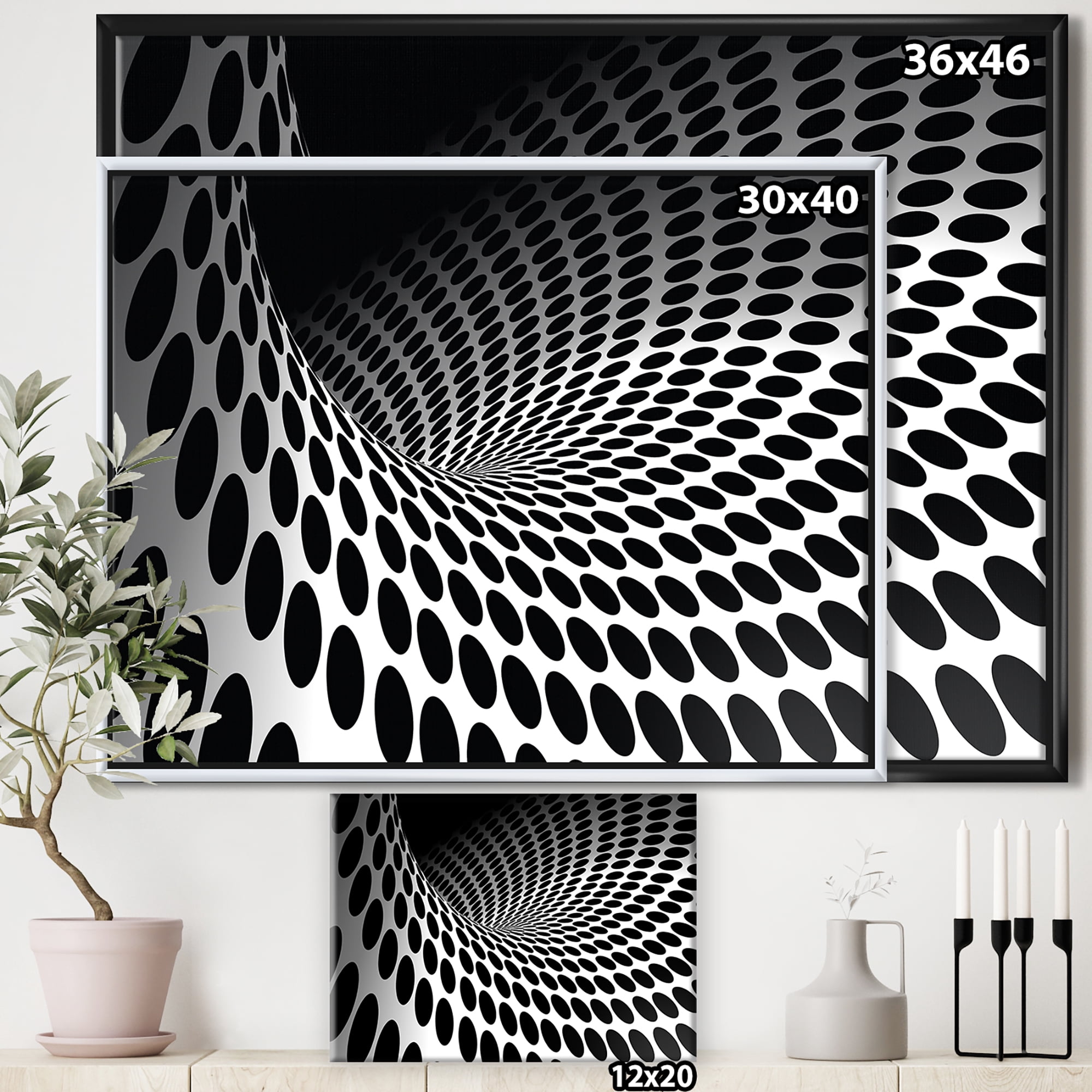 Designart ' Waves and Circles Black n’ White ' Abstract Framed Canvas Art Print