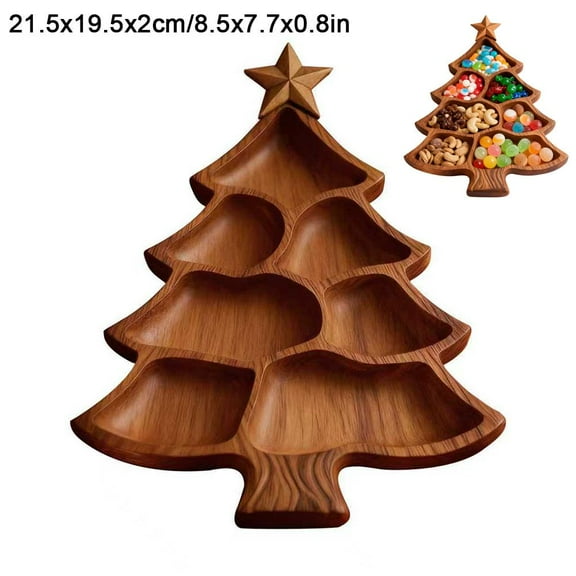 Christmas Tree Charcuterie Board, Wooden Holiday Serving Platter for Appetizers, Cheese, Fruits, Snacks, Divided Food Serveware, Festive Christmas Tree Shaped Tray for Party, Kitchen, Home Decor