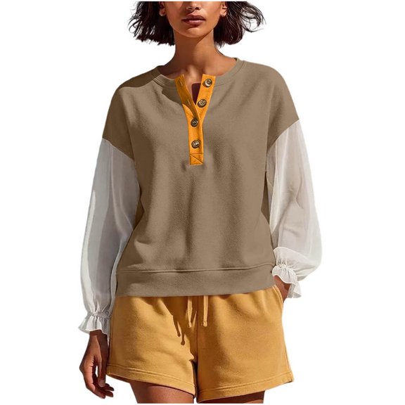 LckLvx Women's Sweatshirt Ruffle Long Sleeve Button Up Patchwork Tops Fall Travel Outfits