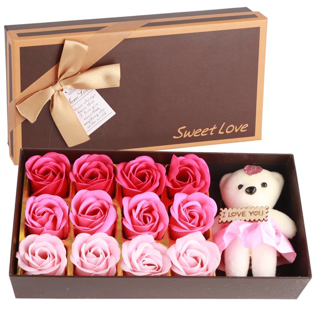 Oso de peluche con 12 rosas de jabón, regalo romántico de San Valentín con caja (rosa)