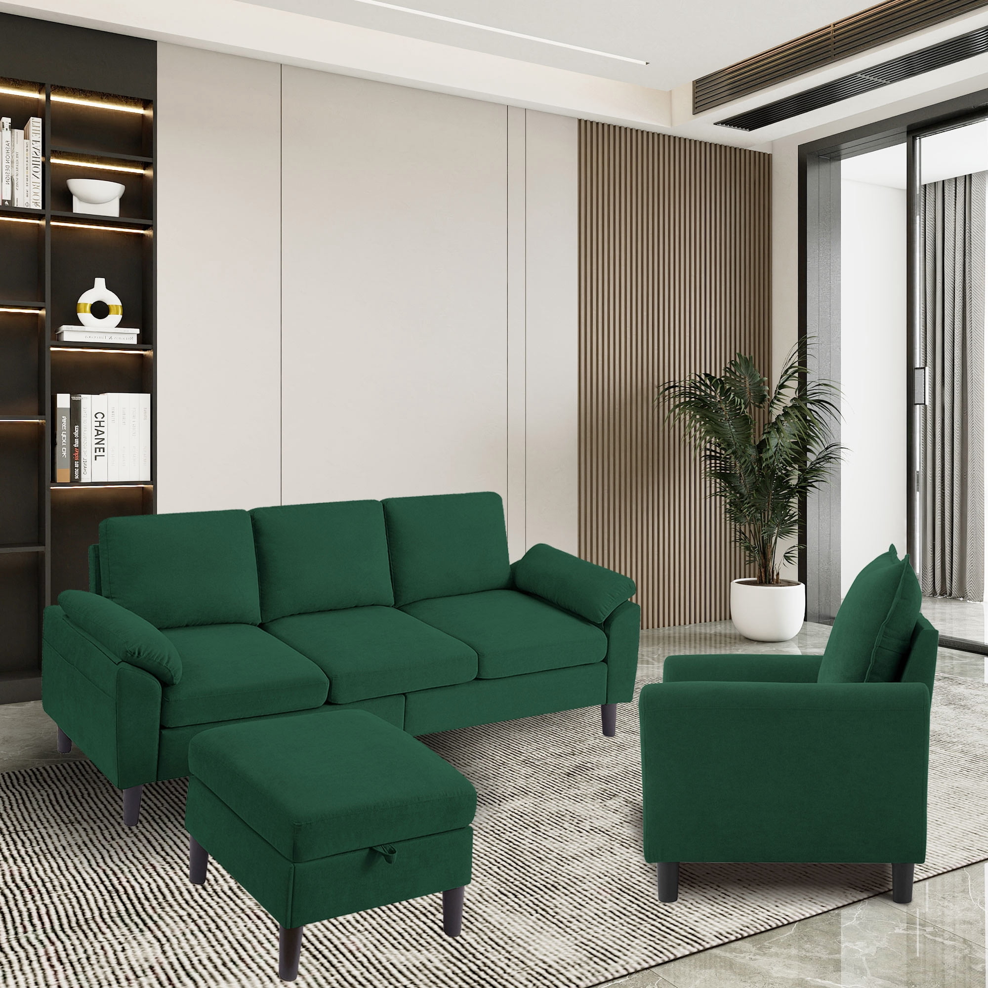 79" Convertible Sectional Sofa Set, Modern Linen Small L Shaped Couch with Reversible Chaise and Loveseat Sofa, 3-Seat Sofa Couches for Living Room, Office, Apartment, GREEN