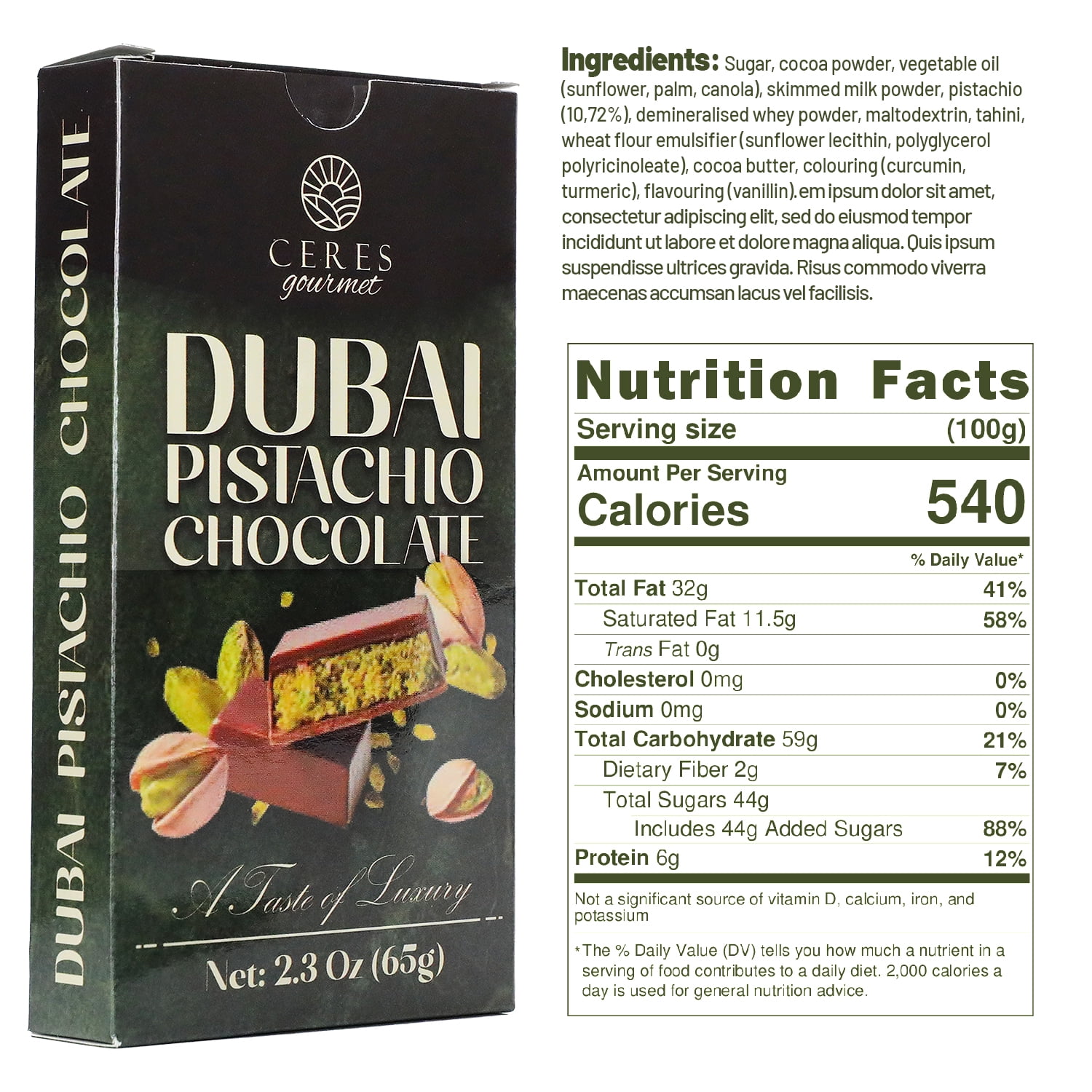 Ceres Gourmet Dubai Pistachio Chocolate Bar, Milk Chocolate, Crunchy, 3 Count, 2.3 Oz