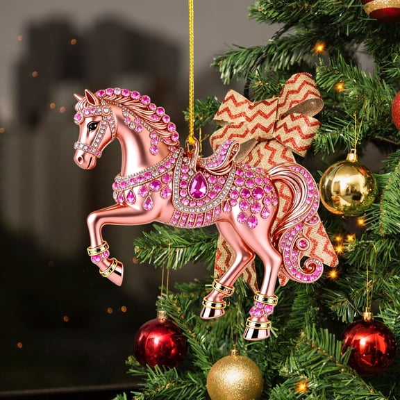 Fwttom Horse Christmas Decorations - 2D Flat Acrylic Horse Hanging Christmas Ornaments, Holiday Party Garland Wreath Rattan Xmas Tree Decor