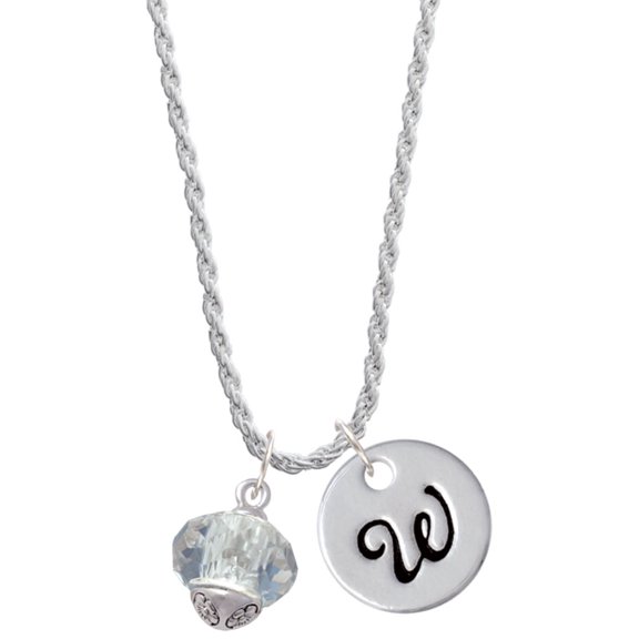Delight Jewelry Crystal Faceted Glass Spinner Silvertone Script Initial Disc - W - Charm Necklace, 20"+3"