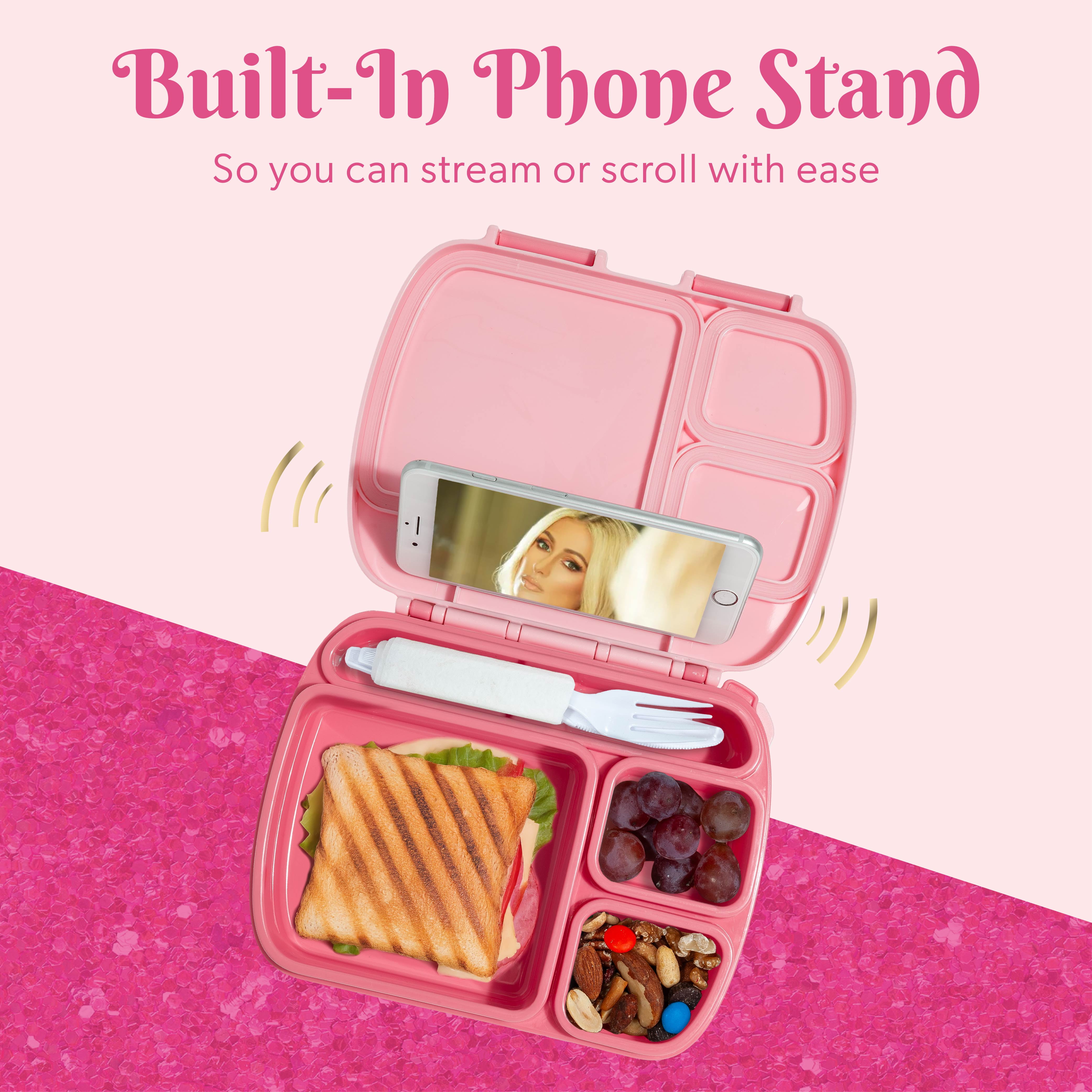 Paris Hilton Bento-Style Lunch Box, 4 Compartments, Built-In Phone Stand, Removable Tray, Bow Design Lid, Pink