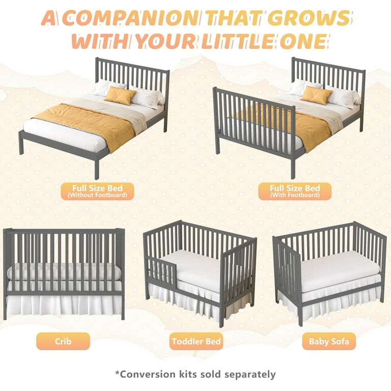 Sesslife 5-In-1 Convertible Crib Gray Baby Bed Converts from Crib