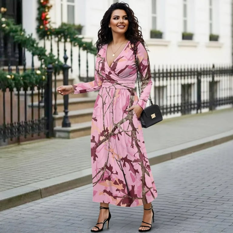 Fkelyi Camo Pink Forest Print Fall Maxi Dress for Women Long Sleeve V Neck Wedding Guest Dresses Flowy A-Line Elegant Dress with Pockets, S Fkelyi Camo Pink Forest Print Fall Maxi Dress for Women Long Sleeve V Neck Wedding Guest Dresses Flowy A-Line Elegant Dress with Pockets, S