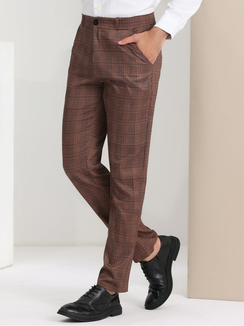brown plaid dress pants Unique Bargains Men's Regular Fit Plaid Suit Pants 32 Brown - Casual  Business Work Party
