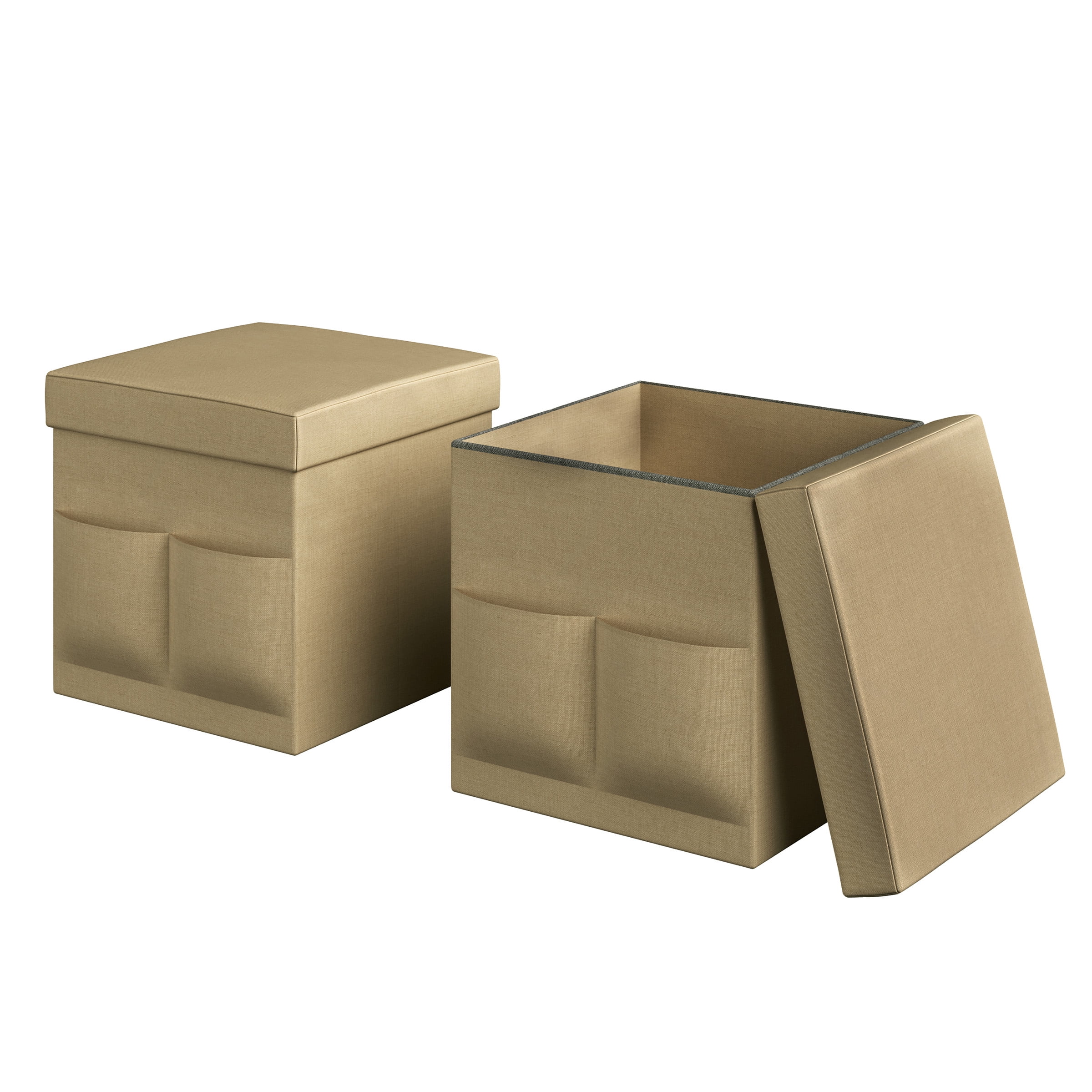 Lavish Home Set of Two 15-inch Foldable Ottomans with Storage Pockets, Beige
