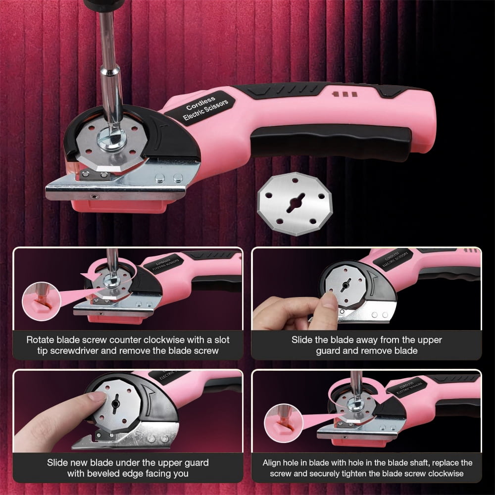 XMZHOU Cordless Electric Scissors Cardboard Box Cutter with LED Light ＆ Safety Lock Power Rotary Cutter for Fabric Carpet Leather, Pink