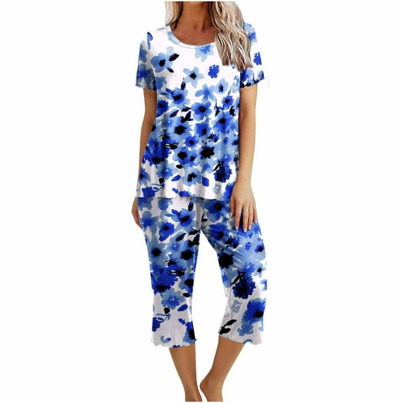 QQAMB Women's Sets 2PCs Crewneck Short Sleeve Floral Pullover and Capris Homewear Loungewear Pajamas Sets Summer Soft Trendy Sets Blue L