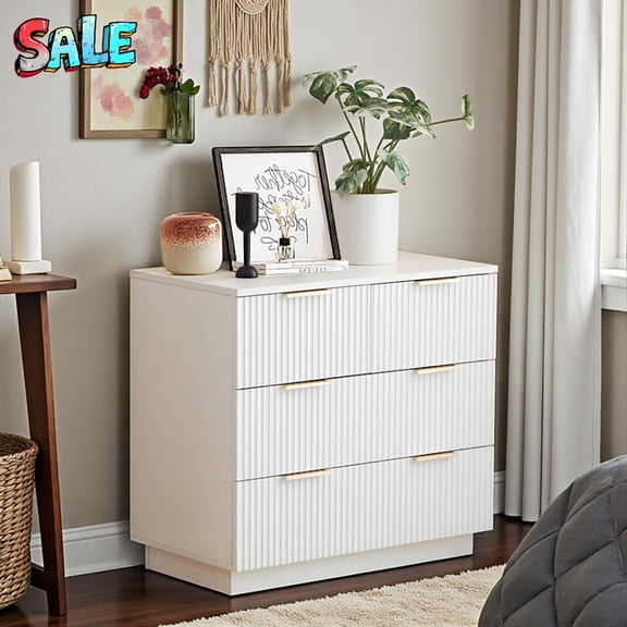 Tcbosik White Fluted Dresser with 4 Drawers, Modern Bedroom Chest with Elegant Wavy Drawer Fronts, Storage Cabinet for Clothing Organization, 28.35"L x 15.75"W x 26.38"H