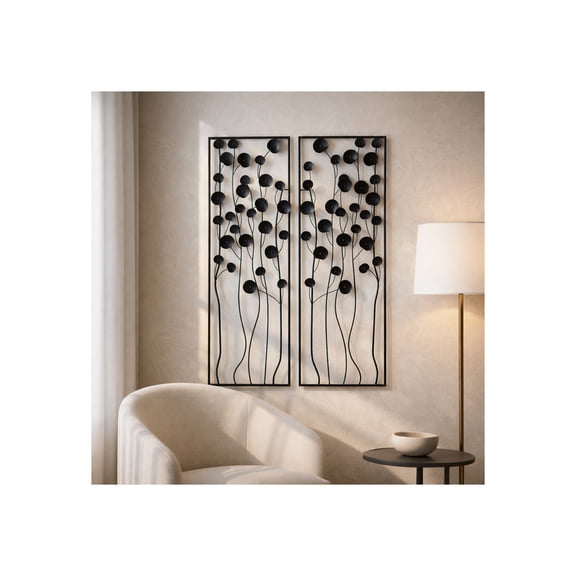 Modern Metal Flower Wall Art for Living Room Decor - Home Decor Accent for Bedroom, Bathroom, and Office - Hanging Decoration for Entryway or Hallway Display - Set of 2, 36", Black & Gold