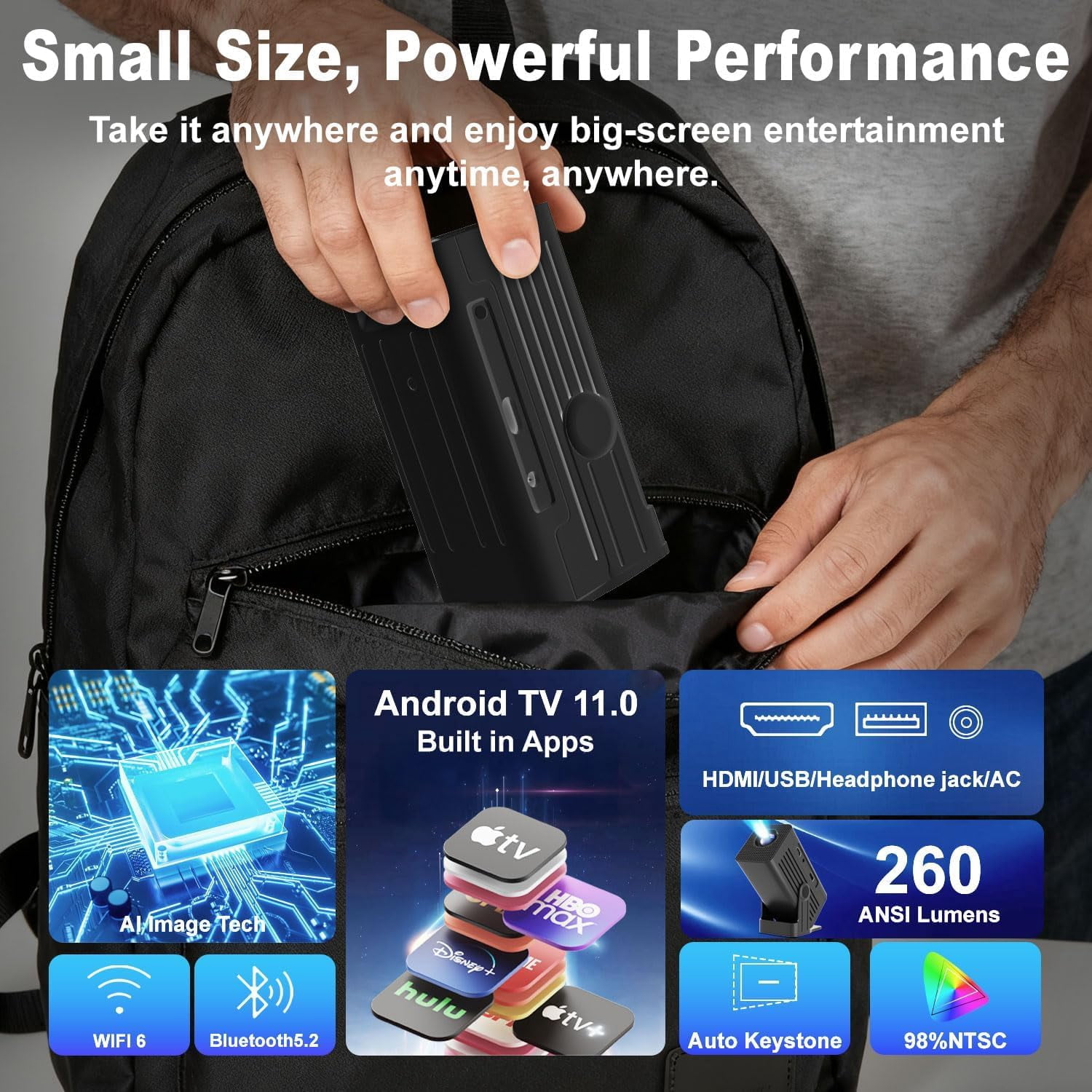 Projector with Apps 4K Supported  Projector for Bedroom Ceiling Camping Outdoor Use Portable with Speaker Auto