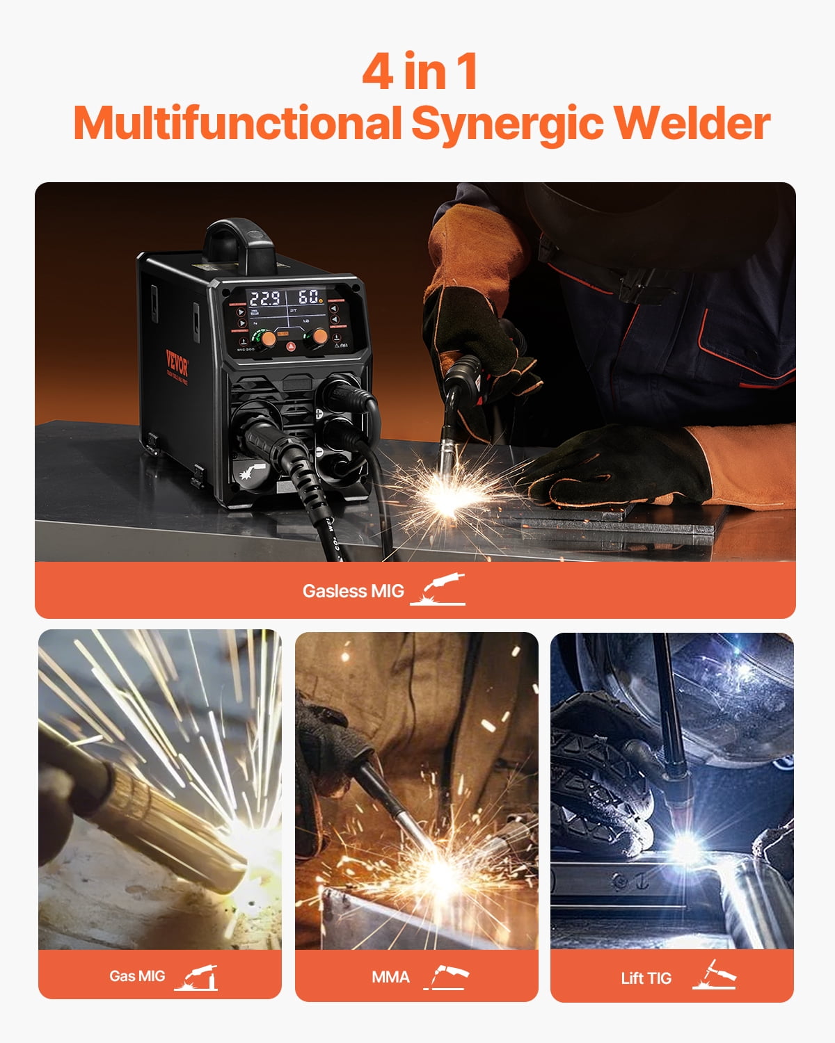 VEVOR MIG Welder,200A Synergic Mig Welding Machine, 4-in-1 Gas MIG/Flux Core MIG/Stick/Lift TIG Multi-Process Welder Machine,110V/220V Dual Voltage Mig Welder with IGBT Inverter & LCD Screen Display