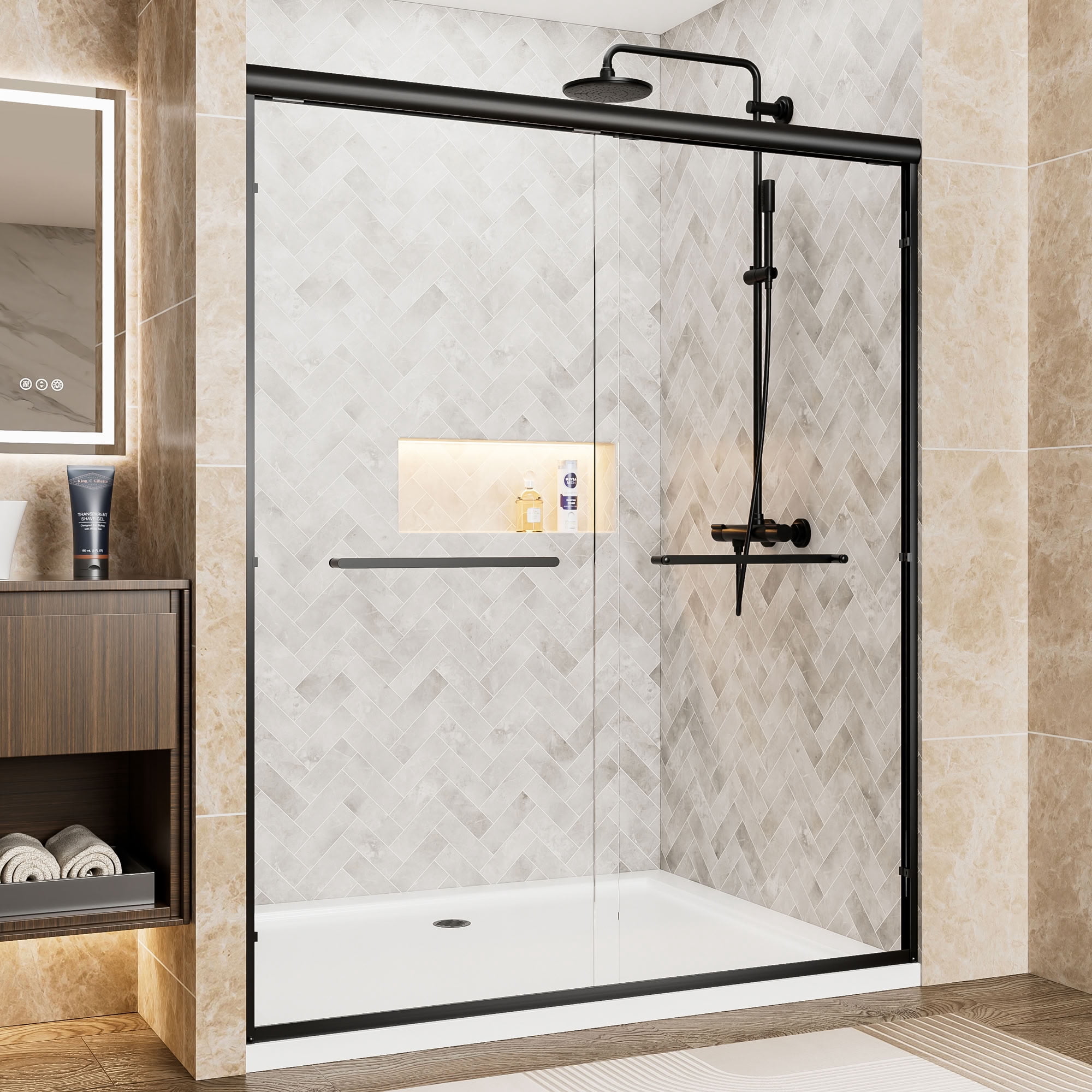MAYEERTY Double Sliding Shower Door, Matte Black Aluminum Frame, 1/4" Tempered Safety Glass with Explosion-Proof Film, Waterproof & Reversible Installation