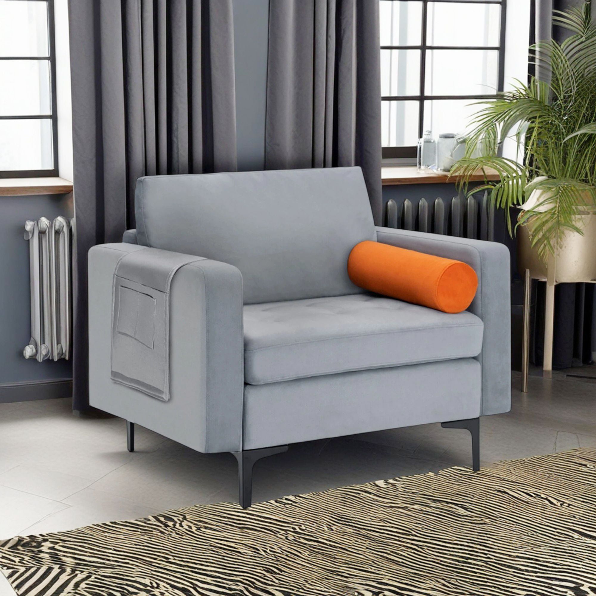 Demi Bonn Upholstered Accent Chair, Modern Accent Chair with Bolster and Side Storage Pocket, for Living Room, Bedroom, Gray