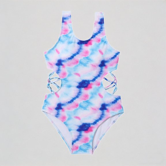 REDARER Girls One-Piece Swimsuit: Tie-Dye Print, Crisscross Cut-Out Design – Summer Beach Bathing Swimwear,9-10 Years