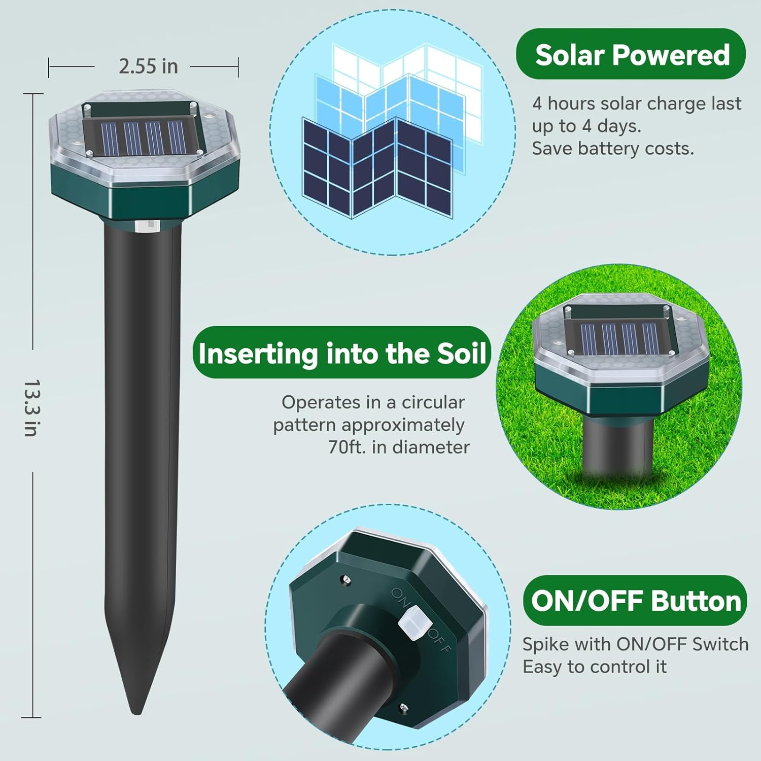 2026 Mole Repellent Solar Powered Stakes, Ultrasonic Outdoor Pest Repeller for Lawns & Gardens, Deer Deterrent, Green – 3 Shapes