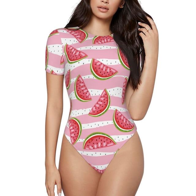 Saiise Mignon Motif Melon D\'eau Grenouillère à Manches Courtes Col Rond Pyjama Extensible avec Fermeture à Pression-Moyen
