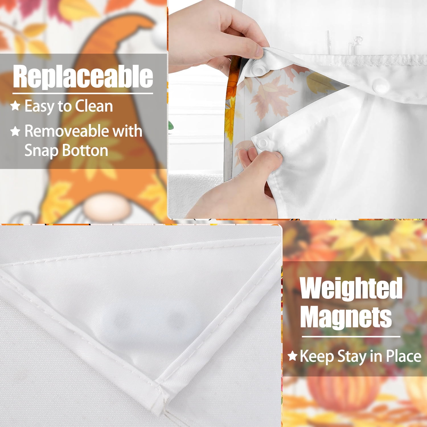MIZHONA Fall Thanksgiving Shower Curtain with Snap in Liner,Gnomes with Maple Leaves Fabric Bathroom Curtain No Hook,71"×74"