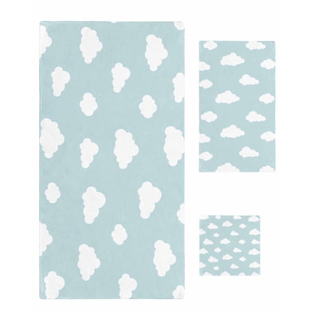 Clouds Towel Set of 3 Soft Microfiber Bath Towels Hand Towel Washcloths Cartoon Blue Sky Minimalist Aesthetic Quick-Dry Absorbent Towels for Bathroom Kitchen Hotel Beach Gym Spa