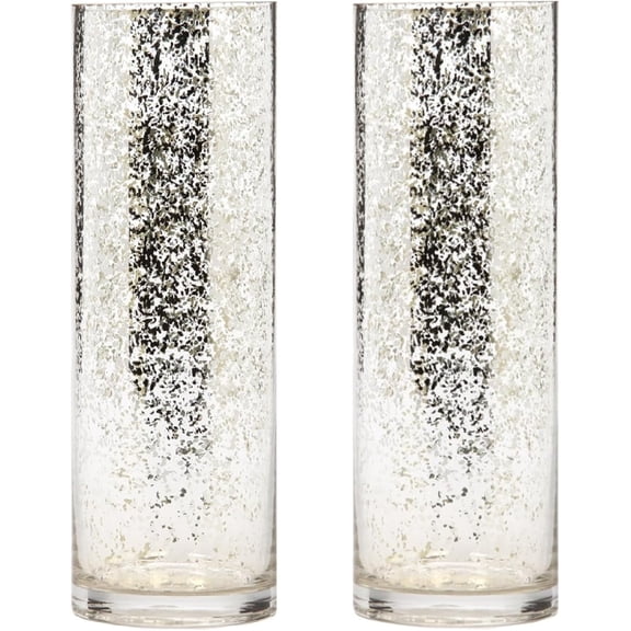 Hosley 12-Inch Metallic Silver Speckled Glass Flower Vases, Set of 2
