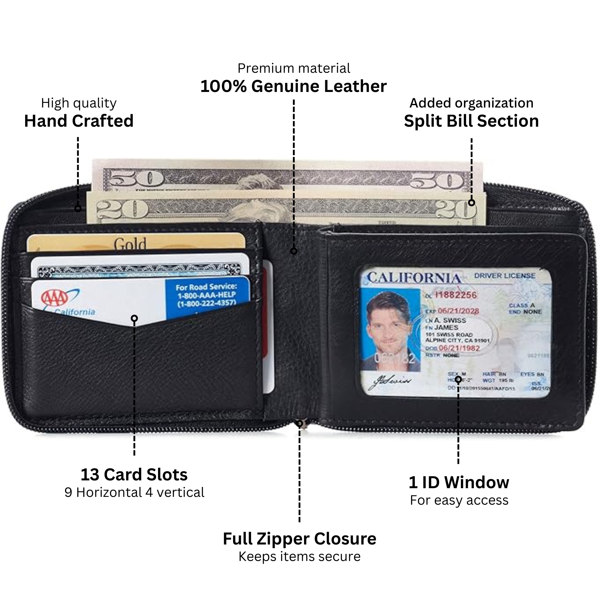 Alpine Swiss Zipper Bifold Wallet, Genuine Leather photo 3
