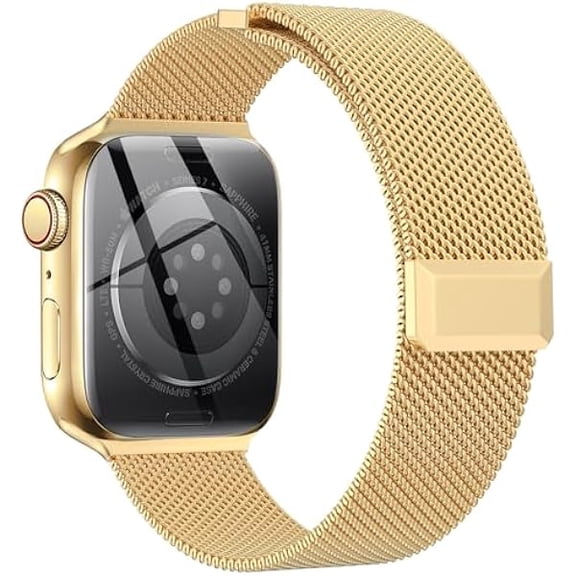 Compatible with Apple Watch Band 44mm 45mm 46mm Series 10 11 49mm, Stainless Steel Mesh Loop Magnetic Clasp Bands for iWatch Series 9 8 7 6 5 4 Ultra SE3 2 Women Men - 49/46/45/44mm Gloden