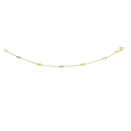 14K Yellow-White Gold Alternate White+Yell ow 5-4.1x8.5mm Diamond Cut Sideways Puffed Teardro p On 1.3mm Cable Chain Bracelet with Lobster Clasp