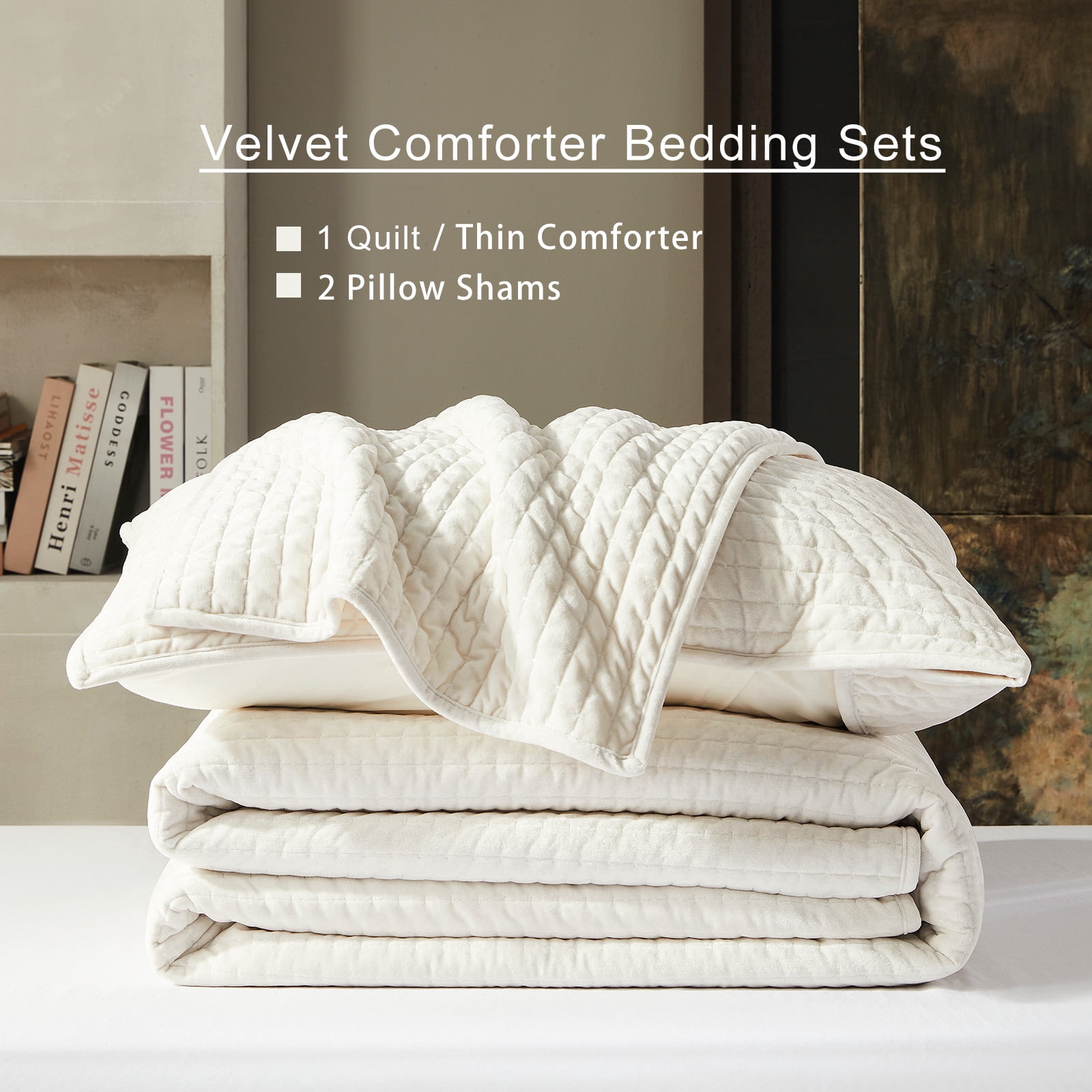 Luxury Velvet Quilt Set King Size 98''x106'', Ultra-Soft Striped Channel Comforter with Exquisite Rice Stitch Detailing, Lightweight All-Season Bedspread Coverlet w/ 2 Shams, White